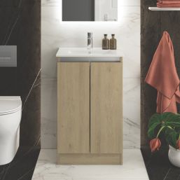 Newland  Double Door Floor Standing Vanity Unit with Basin Effect Natural Oak 500mm x 370mm x 840mm