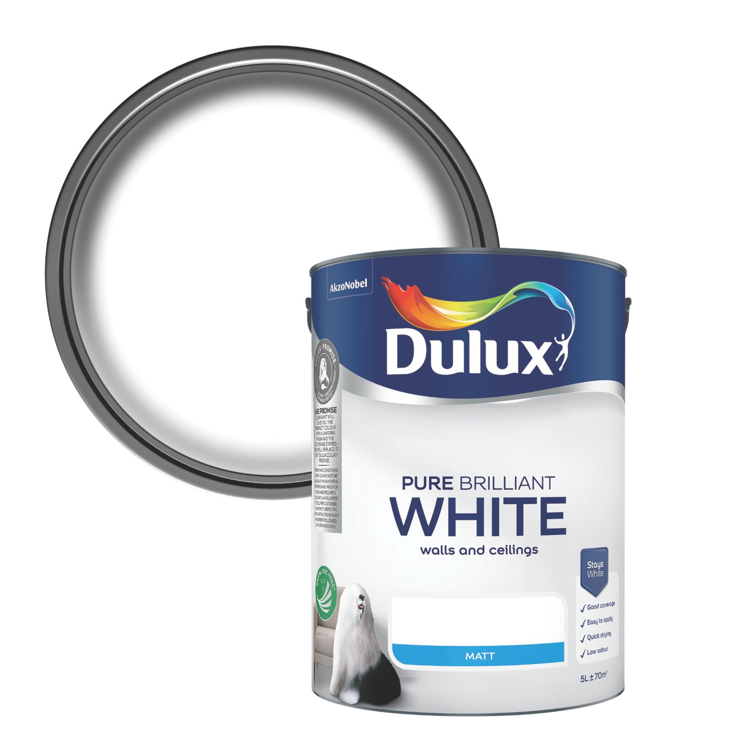 Dulux Walls & Ceilings 5Ltr Pure Brilliant White Matt Emulsion Paint (22939)
