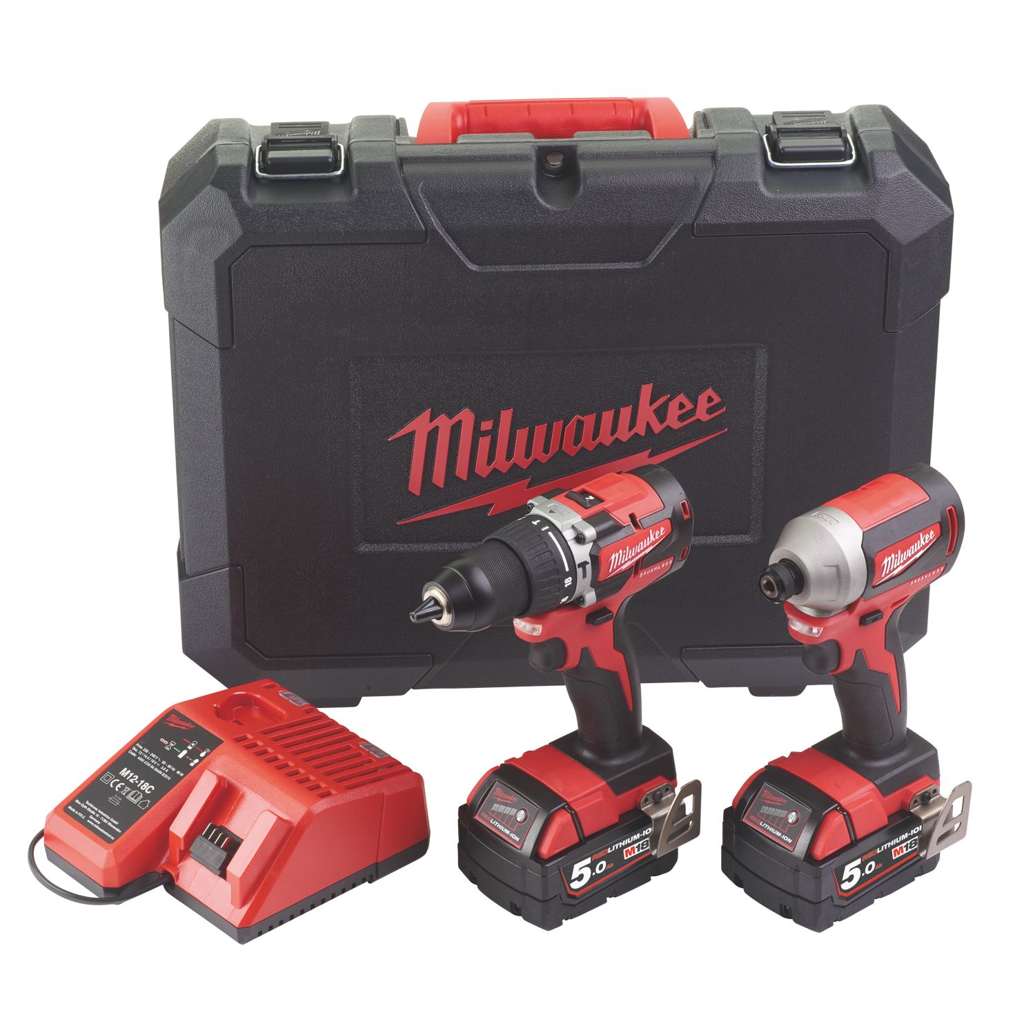 Milwaukee M18 CBLPP2A-502C 18V 2 x 5.0Ah Li-Ion RedLithium Brushless Cordless Combi Drill & Impact Driver Twin Pack (229HV)