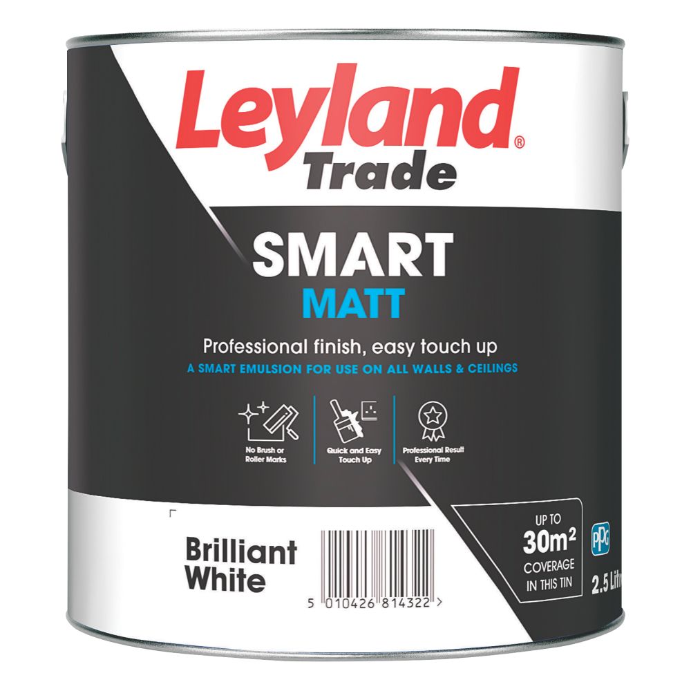 Leyland Trade Smart Matt Brilliant White Emulsion Paint 2.5Ltr Screwfix