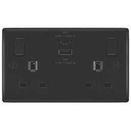 British General Nexus Metal 13A 2-Gang SP Switched Socket + 3A 45W 2-Outlet Type A & C USB Charger Matt Black with Black Inserts