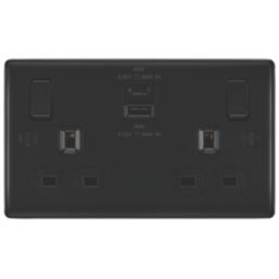 British General Nexus Metal 13A 2-Gang SP Switched Socket + 3A 45W 2-Outlet Type A & C USB Charger Matt Black with Black Inserts