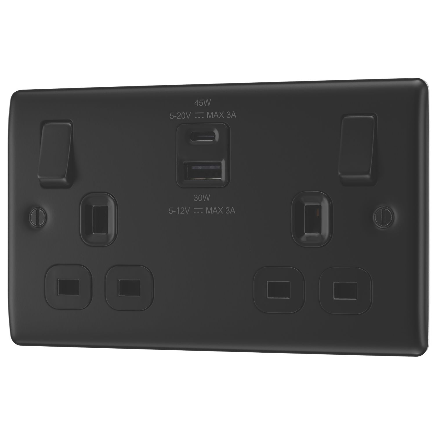 British General Nexus Metal 13A 2-Gang SP Switched Socket + 3A 45W 2-Outlet Type A & C USB Charger Matt Black with Black Inserts (230PM)