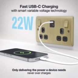 British General Nexus Metal 13A 2-Gang SP Switched Socket + 3.25A 22W 2-Outlet Type C USB Charger Antique Brass with Black Inserts