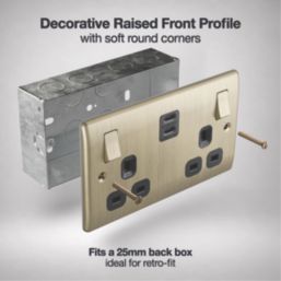 British General Nexus Metal 13A 2-Gang SP Switched Socket + 3.25A 22W 2-Outlet Type C USB Charger Antique Brass with Black Inserts