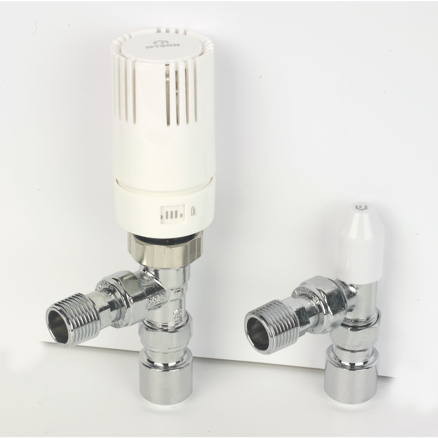 Myson TRV2PAK15AC 15mm x 1/2" Chrome/White Angled Standard Thermostatic Radiator Valve & Lockshield (231PX)