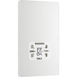 British General Evolve 2-Gang Dual Voltage Shaver Socket 115/240V Pearlescent White with White Inserts