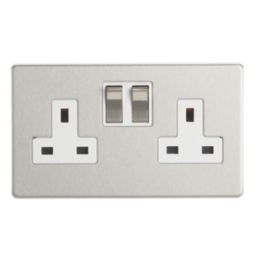 Contactum Lyric 13A 2-Gang DP Switched Socket Outlet Brushed Steel  with White Inserts