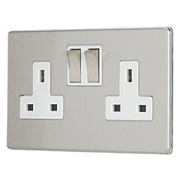Contactum Lyric 13A 2-Gang DP Switched Socket Outlet Brushed Steel  with White Inserts