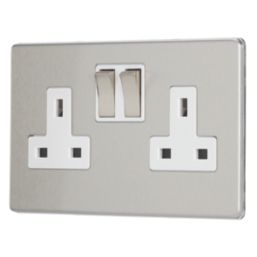 Contactum Lyric 13A 2-Gang DP Switched Socket Outlet Brushed Steel  with White Inserts