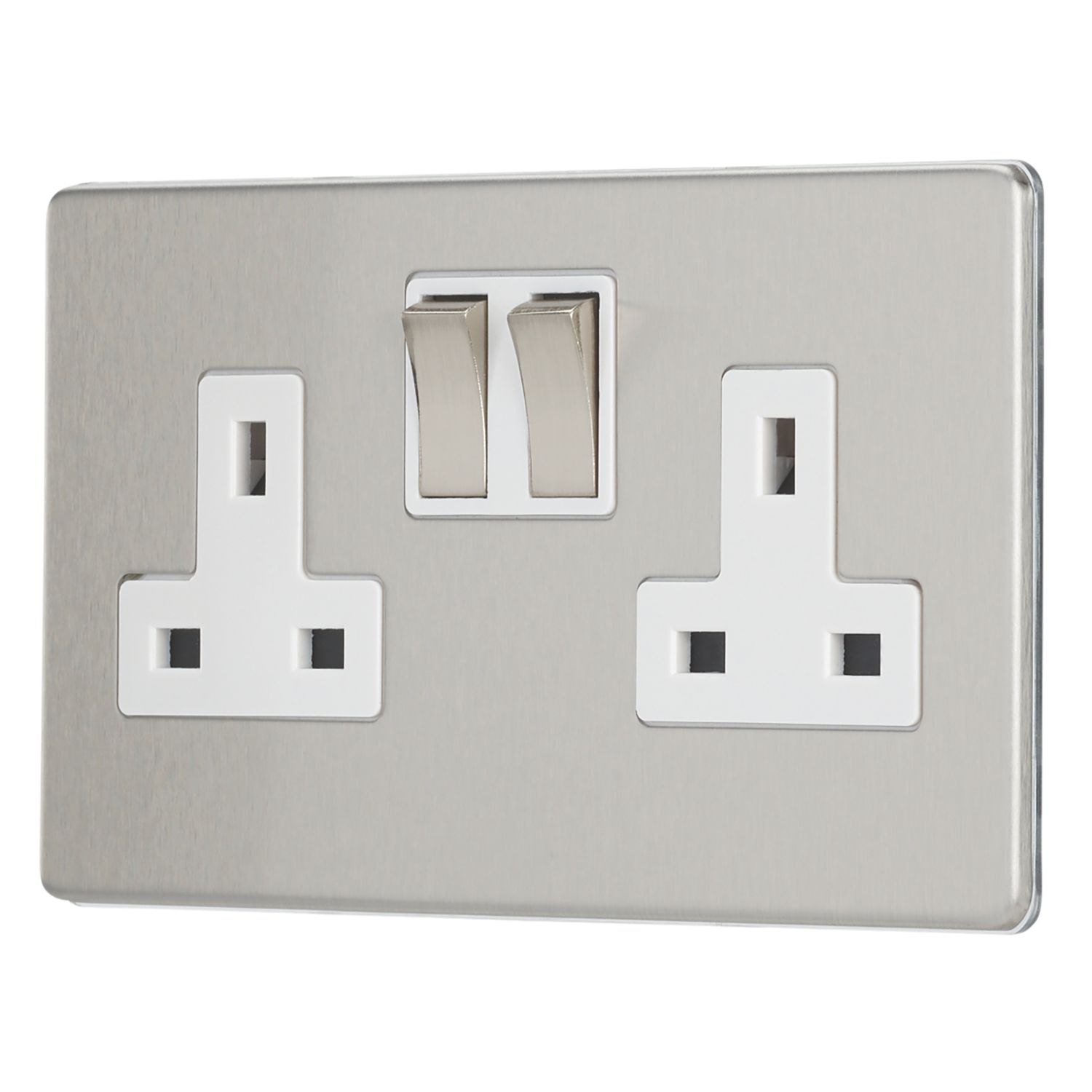Contactum Lyric 13A 2-Gang DP Switched Socket Outlet Brushed Steel with White Inserts (231RR)