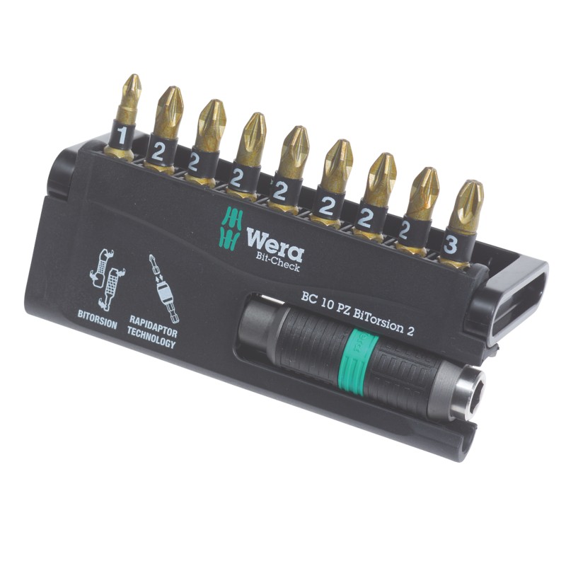 Wera Bit-Check 1/4" Hex Shank PZ BiTorsion Extra-Hard Screwdriver Bit Set 10 Pieces
