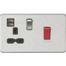 Knightsbridge  45A 1-Gang DP Cooker Switch & 13A DP Switched Socket + 2.4A 12W 2-Outlet Type A USB Charger Brushed Chrome  with Black Inserts