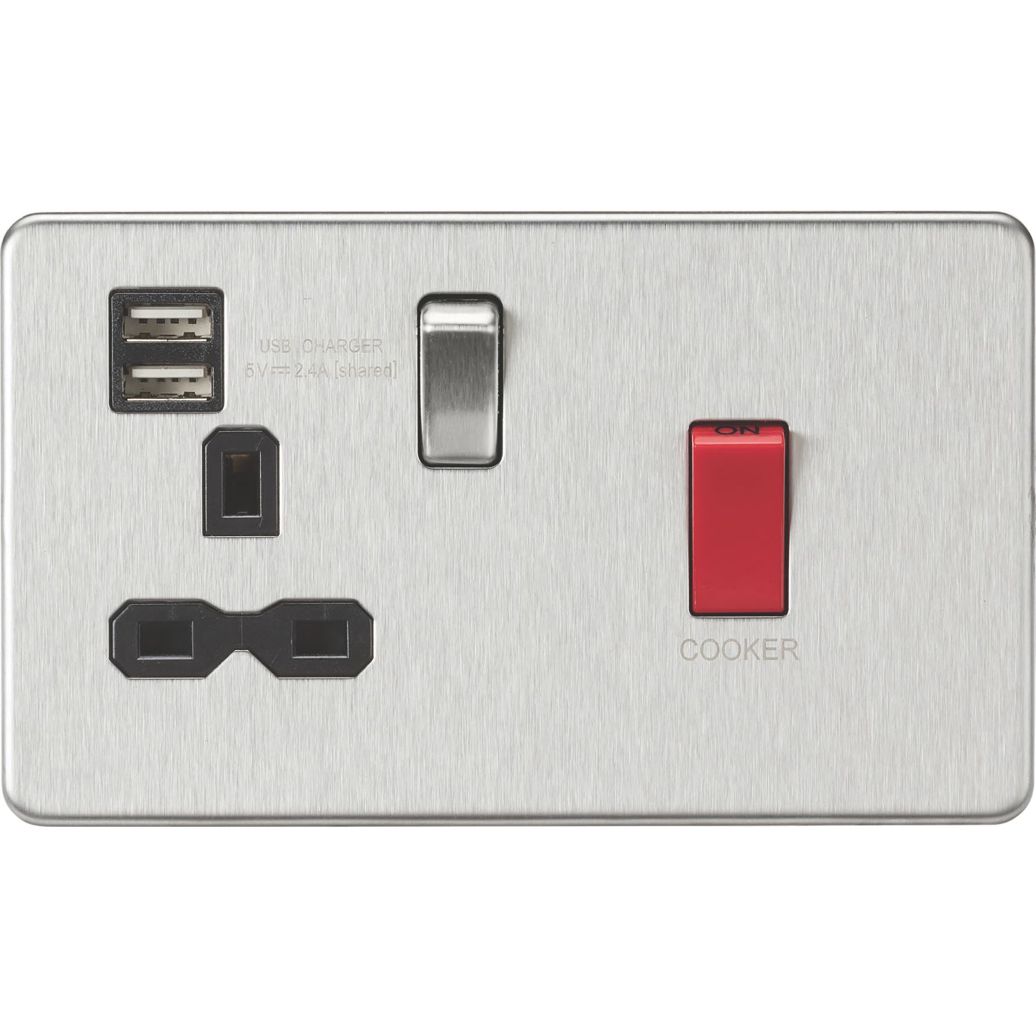 Knightsbridge 45A 1-Gang DP Cooker Switch & 13A DP Switched Socket + 2.4A 12W 2-Outlet Type A USB Charger Brushed Chrome with Black Inserts (234TX)
