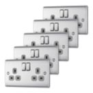Refurb British General Nexus Metal 13A 2-Gang DP Switched Plug Sockets Brushed Steel  with Grey Inserts 5 Pack