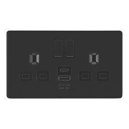 LAP  13A 2-Gang SP Switched Socket + 2.4A 12W 2-Outlet Type A & C USB Charger Matt Black with Black Inserts