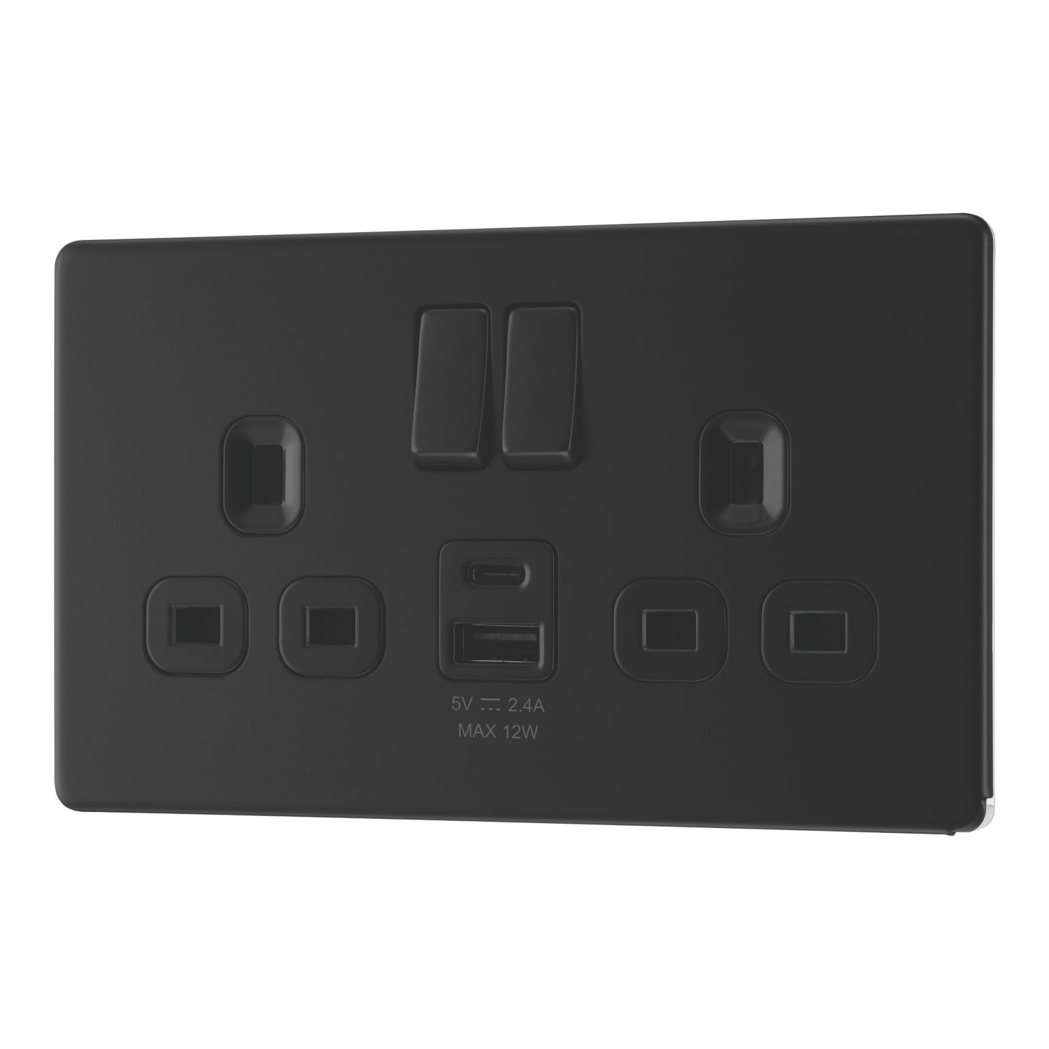 LAP 13A 2-Gang SP Switched Socket + 2.4A 12W 2-Outlet Type A & C USB Charger Matt Black with Black Inserts (235PN)