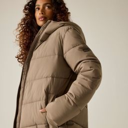 Regatta Faye Womens Hooded Long Puffer Coat Mocha - 4S8 Size 14