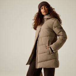 Regatta Faye Womens Hooded Long Puffer Coat Mocha - 4S8 Size 14