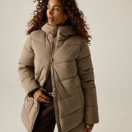 Regatta Faye Womens Hooded Long Puffer Coat Mocha - 4S8 Size 14