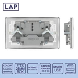 LAP  13A 2-Gang SP Switched Socket + 2.4A 12W 2-Outlet Type A & C USB Charger Brushed Steel with White Inserts