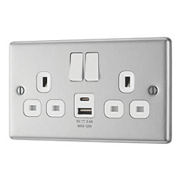 LAP  13A 2-Gang SP Switched Socket + 2.4A 12W 2-Outlet Type A & C USB Charger Brushed Steel with White Inserts