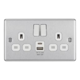 LAP  13A 2-Gang SP Switched Socket + 2.4A 12W 2-Outlet Type A & C USB Charger Brushed Steel with White Inserts