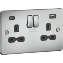 Knightsbridge  13A 2-Gang SP Switched Socket + 4.0A 20W 2-Outlet Type A & C USB Charger Polished Chrome with Black Inserts