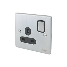 Schneider Electric Ultimate Low Profile 13A 1-Gang SP Switched Plug Socket Brushed Chrome  with Black Inserts