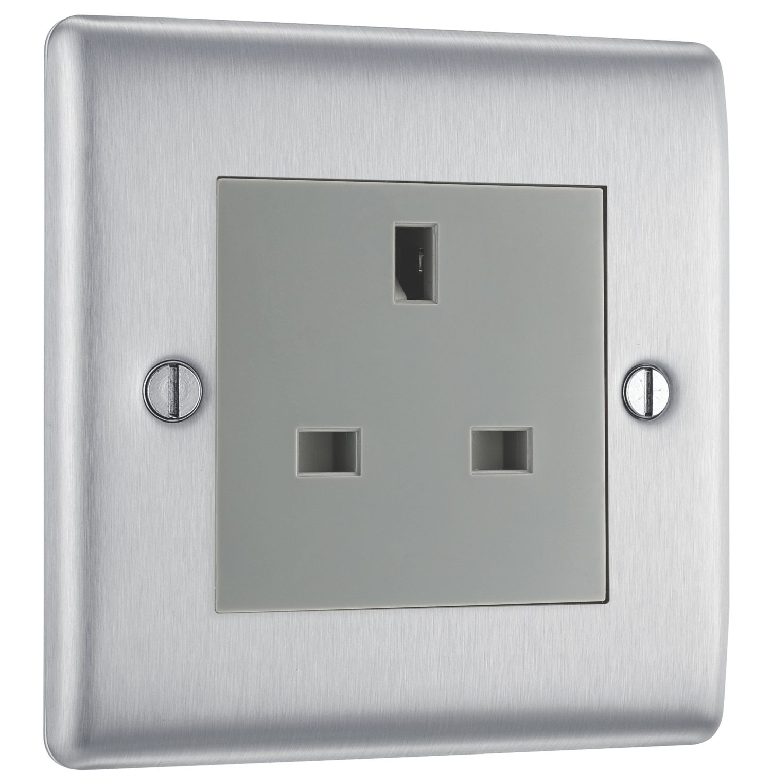 British General Nexus Metal 13A 1-Gang Unswitched Socket Brushed Steel with Graphite Inserts (237XG)