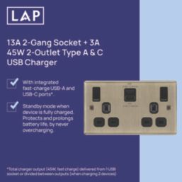 LAP  13A 2-Gang SP Switched Socket + 3A 45W 2-Outlet Type A & C USB Charger Antique Brass with Black Inserts