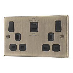 LAP  13A 2-Gang SP Switched Socket + 3A 45W 2-Outlet Type A & C USB Charger Antique Brass with Black Inserts