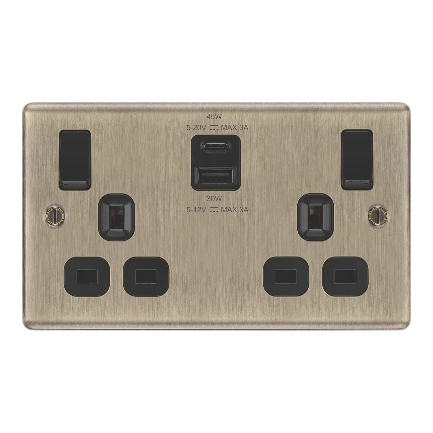 LAP 13A 2-Gang SP Switched Socket + 3A 45W 2-Outlet Type A & C USB Charger Antique Brass with Black Inserts (238PN)