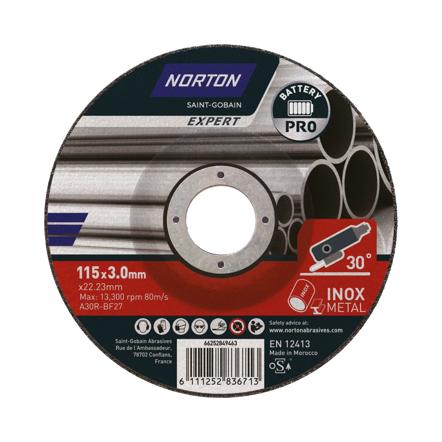 Norton A 30 R T27 Steel, Stainless Steel & Carbon Steel Grinding Disc 115mm (4.5") x 22.23mm (239JL)
