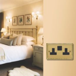 Varilight  13A 2-Gang 2-Pole Switched Socket Georgian Brass  with Black Inserts