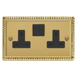 Varilight  13A 2-Gang 2-Pole Switched Socket Georgian Brass  with Black Inserts