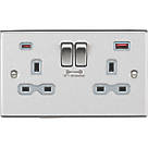 Knightsbridge CS9909BCG 13A 2-Gang DP Switched Socket + 4.0A 2-Outlet Type A & C USB Charger Brushed Chrome with Colour-Matched Inserts