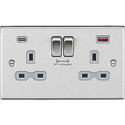 Knightsbridge  13A 2-Gang DP Switched Socket + 4.0A 2-Outlet Type A & C USB Charger Brushed Chrome with Colour-Matched Inserts