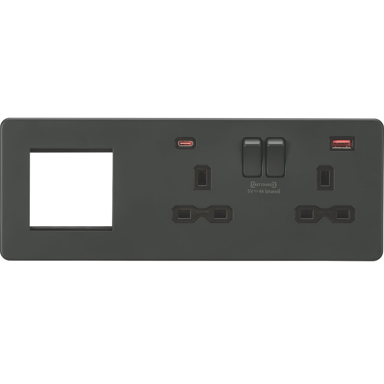 Knightsbridge SFR992RAT 13A 2-Gang DP Combination Plate + 4.0A 18W 2-Outlet Type A & C USB Charger Anthracite with Black Inserts (241VF)