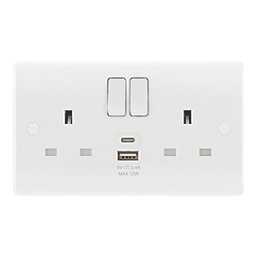 LAP  13A 2-Gang SP Switched Socket + 2.4A 12W 2-Outlet Type A & C USB Charger White with White Inserts