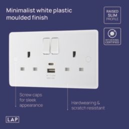 LAP  13A 2-Gang SP Switched Socket + 2.4A 12W 2-Outlet Type A & C USB Charger White