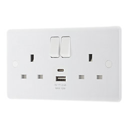 LAP  13A 2-Gang SP Switched Socket + 2.4A 12W 2-Outlet Type A & C USB Charger White with White Inserts