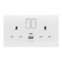 LAP  13A 2-Gang SP Switched Socket + 2.4A 12W 2-Outlet Type A & C USB Charger White