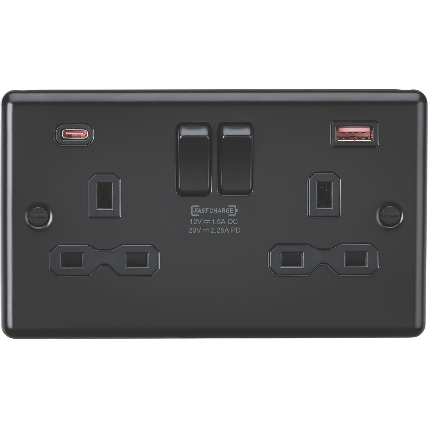 Knightsbridge 13A 2-Gang DP Switched Socket + 2.25A 45W 2-Outlet Type A & C USB Charger Matt Black with Black Inserts (242PX)