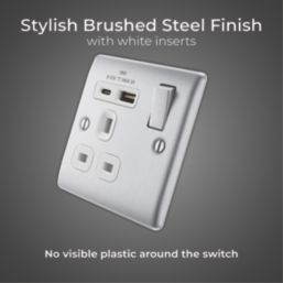 British General Nexus Metal 13A 1-Gang SP Switched Socket + 3A 18W 2-Outlet Type A & C USB Charger Brushed Steel with White Inserts