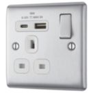 British General Nexus Metal 13A 1-Gang SP Switched Socket + 3A 18W 2-Outlet Type A & C USB Charger Brushed Steel with White Inserts