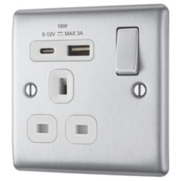 British General Nexus Metal 13A 1-Gang SP Switched Socket + 3A 18W 2-Outlet Type A & C USB Charger Brushed Steel with White Inserts