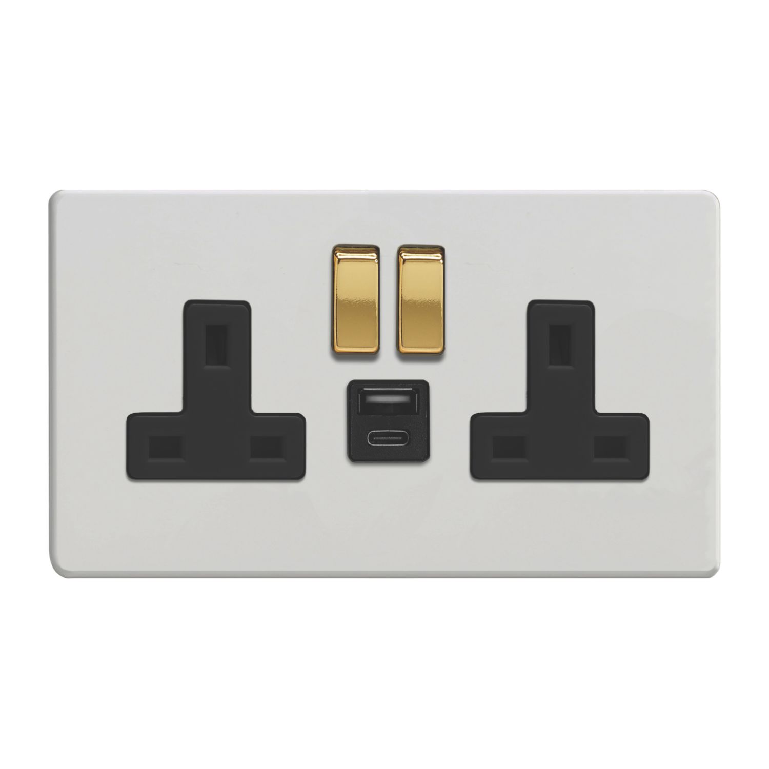 Varilight 13A 2-Gang SP Switched Socket + 4A 20W 2-Outlet Type A & C USB Charger Paintable with Black Inserts (243EA)