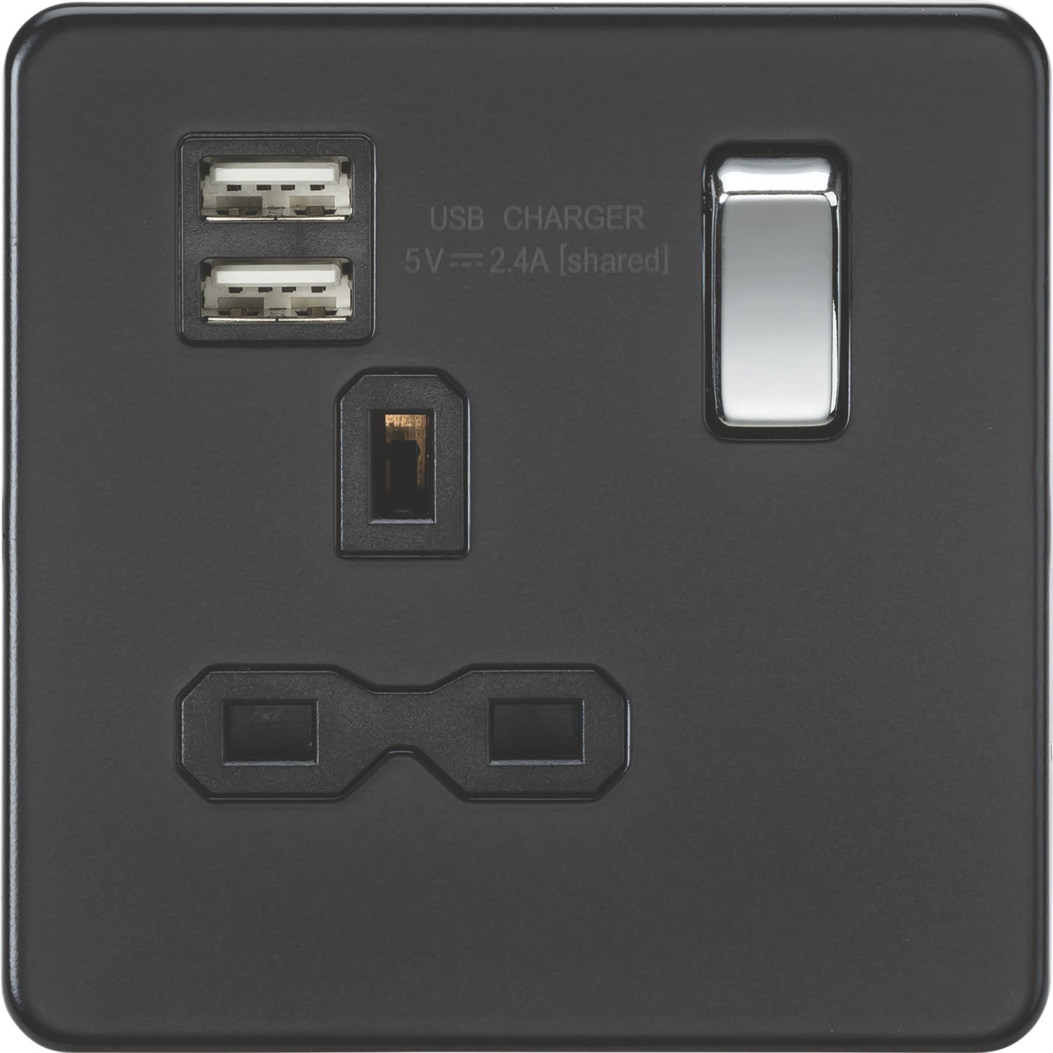 Knightsbridge 13A 1-Gang SP Switched Socket + 2.4A 12W 2-Outlet Type A USB Charger Matt Black with Black Inserts (244VF)