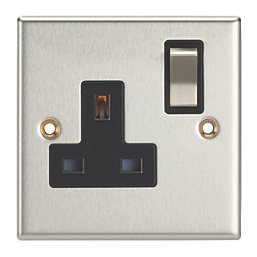Contactum Iconic 13A 1-Gang DP Switched Socket Outlet Brushed Steel  with Black Inserts
